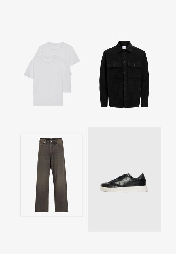 Sort fløjl button-up jakke med to frontlommer og klassisk krave, lange ærmer og ribbet tekstur.; To hvide bomulds t-shirts med rund hals, korte ærmer og en blød tekstur. Begge har en ensfarvet farve uden synlige mønstre eller hardware.; Bredde ben jeans i mørkegrå denim med høj talje, klassisk fem-lommer design og kontrasterende syninger langs sømmene.; Sorte sneakers med en struktureret krokodillepræget læderoverdel, rund tå og en kontrasterende hvid gummisål med en glat finish.