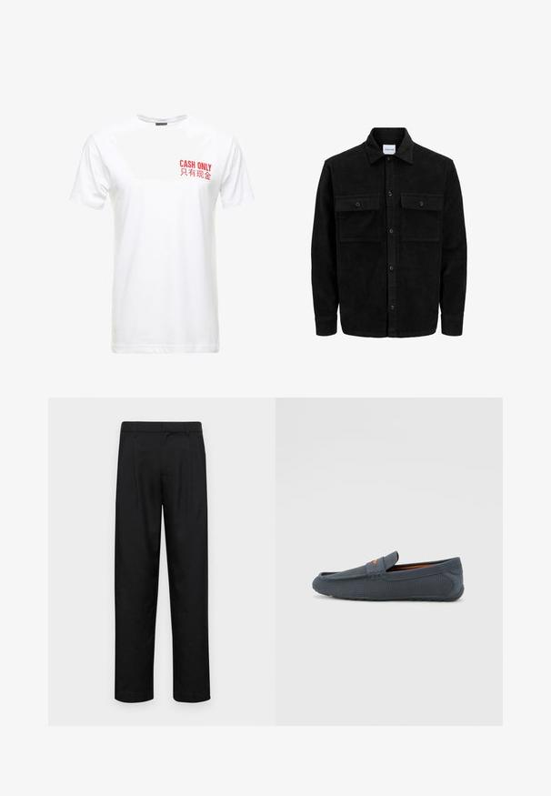 Mustmustöös nupuga jope, millel on kaks eesmist klapiga taskut ja klassikaline kaelus, pikad varrukad ning ribakujuline tekstuur.; Valge puuvillane t-särk lühikeste varrukatega, millel on vasakul rinnal punase trükitekstiga sõnum "AINULT KÄTEGA" ja selle hiina vaste.; Mustad mustadest riietest, millel on sirge jalgade disain, kaks eesmist voltimist ja tavaline vöökoht, millel on vöökohad.; Hallitusestatud perforatsioonidega hallad, millel on libisemisega disain, oranž aktsent, ümardatud varvas ja tekstureeritud kummist välispohjaga.