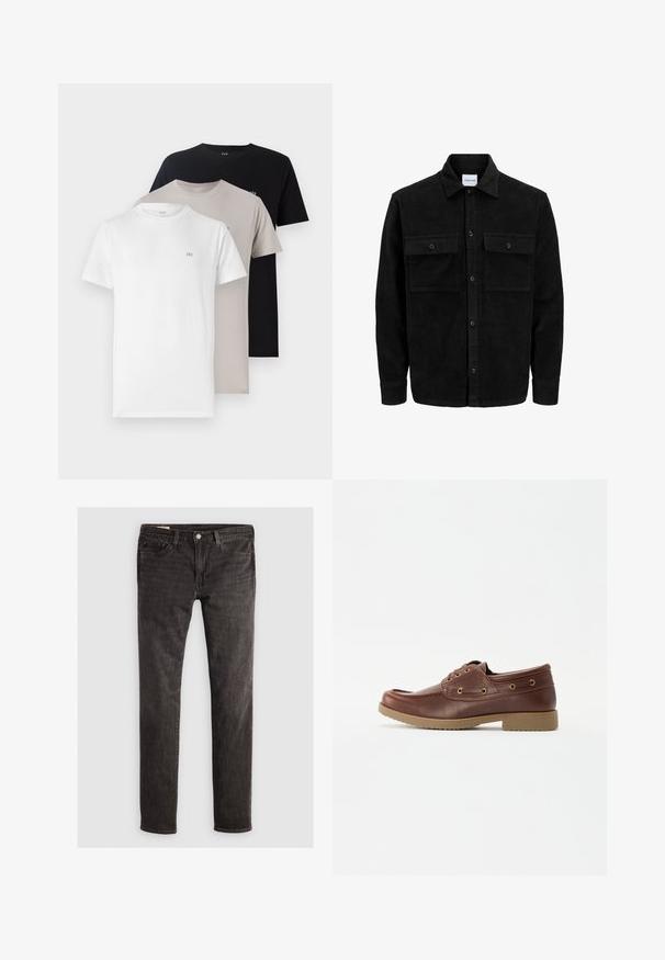 Černá kordurová košile s knoflíky, dvěma předními klopovými kapsami a klasickým límcem, dlouhými rukávy a vroubkovanou texturou.; Tři trička s kulatým výstřihem v bílé, béžové a černé barvě, vyrobená z měkké bavlny s malým logem na hrudi pro každou barvu.; Černé džíny z denimu s úzkým střihem, vybavené pěti kapsami, mosazným knoflíkem a jemnou strukturou. Žádné viditelné vzory ani další ozdoby.; Hnědé kožené lodní boty s kulatou špicí, texturovanou podrážkou, zlatými oky a prošitím podél horní části pro klasický design.