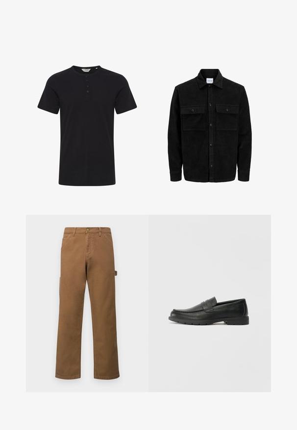 Black corduroy button-up jacket with two front flap pockets and a classic collar, long sleeves, and ribbed texture.; Black cotton t-shirt with a crew neckline, short sleeves, and a three-button placket. Smooth texture, minimalist design, and no patterns.; Brown cotton cargo pants with straight legs, featuring side pockets and a metal button closure at the waist. Smooth texture and casual design.; Black leather loafers with a smooth finish, moccasin-style upper, stitched detailing, and a rubber sole. Classic design with a low heel.