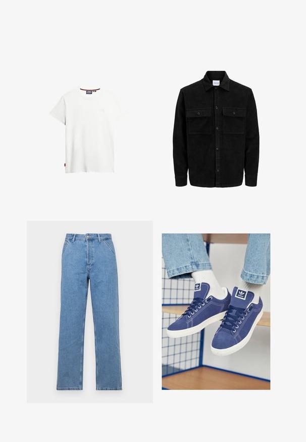 Zwarte corduroy knopenjack met twee voorste klepzakken en een klassieke kraag, lange mouwen en ribbelstructuur.; Witte katoenen t-shirt met een ronde hals, korte mouwen en een subtiele logodetail op de voorkant. Inclusief een klein rood label aan de zijkant.; Lichtblauwe spijkerbroek met rechte pijpen en een klassiek vijf-pocket ontwerp, voorzien van een knoopsluiting aan de voorkant en riemlussen. Soepele textuur.; Marineblauwe Adidas-sneakers van suède, met witte rubberen zolen, ronde neuzen en een logopatch op de tong. Helderwitte sokken zichtbaar.