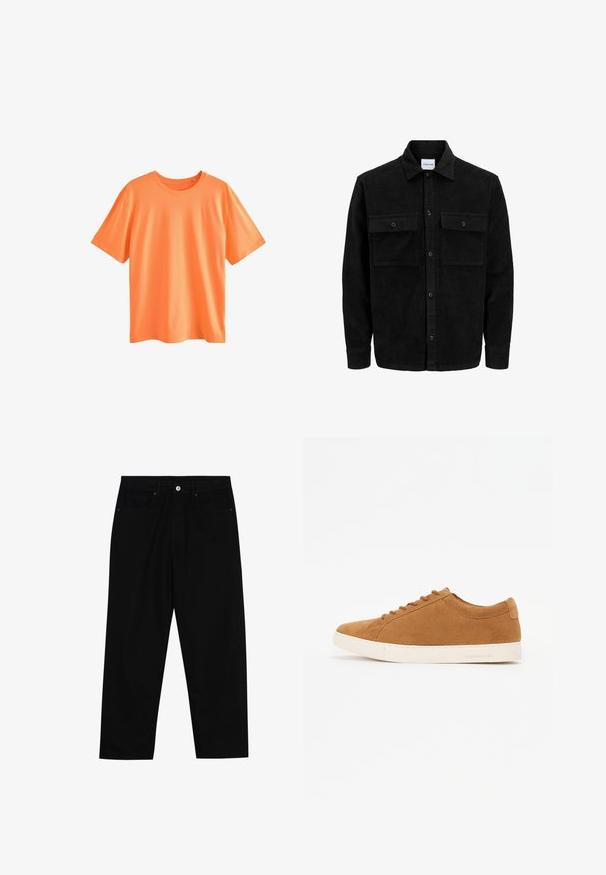 Melnas kordūru pogu jaka ar divām priekšējām atloka kabatām un klasisku apkakli, garām piedurknēm un ribotu tekstūru.; Next Pamata T-krekls - mottled orange; Melni džinsi ar taisnu kāju griezumu, piecu kabatu dizainu un priekšēju pogu aizdari. Gluda tekstūra ar minimālu šuvju detaļu skaitu.; Brūni zamšādas ikdienas apavi ar zemu augstumu, baltu gumijas zoli un noapaļotu purngalu. Iezīmē saskaņotas auklas un minimālu zīmolu uz papēža.