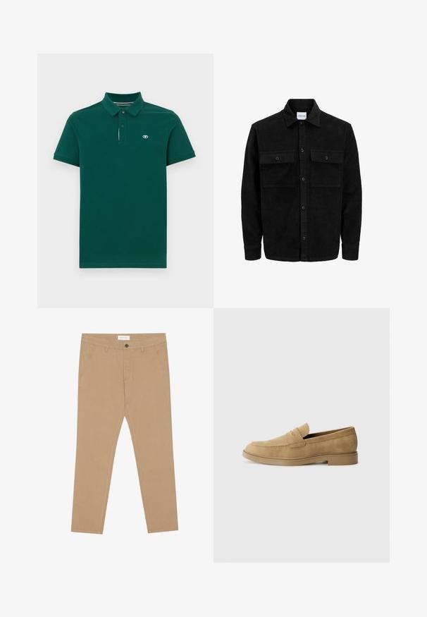 Juodas velveto mygtukų švarkas su dviem priekiniais kišenėmis su atvartais, klasikiniu apykakle, ilgomis rankovėmis ir raukšlėtu paviršiumi.; Tamsiai žalias polo marškinėliai iš tvirtos tekstūros medvilnės, su apykakle, trijų mygtukų užsegimu ir mažuoju logotipu ant krūtinės.; Chaki chinos, pagaminti iš medvilnės mišinio, su lygia priekiu, dviem šoninėms kišenėms ir viena nugarine kišene. Lengvas audinys su lygia tekstūra.; Smėliniai odiniai loaferiai su apvaliu pirštu, žemu blokuoto kulno ir siūlėmis ant viršutinės dalies. Lygi tekstūra ir minimalistiškas dizainas.