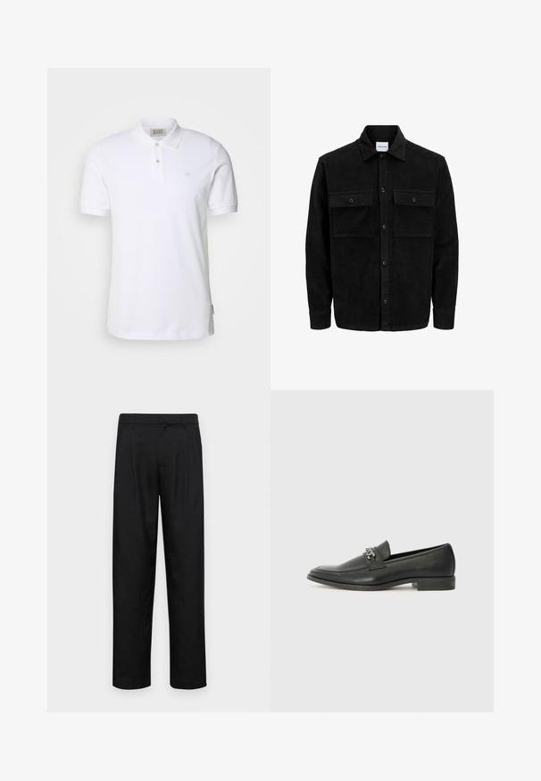 Czarna kurtka z korduru z guzikami, z dwoma przednimi kieszeniami na klapki oraz klasycznym kołnierzem, długimi rękawami i ryżowym splotem.; Biała bawełniana koszulka polo z klasycznym kołnierzykiem, zapinana na dwa guziki, z małym haftowanym logo na piersi. Krótkie rękawy i prosto cięty dół.; Czarne spodnie wykonane z gładkiego materiału, z prostą nogawką, dwoma fałdami z przodu oraz standardowym paskiem z wypustkami na pasek.; Czarne skórzane mokasyny o gładkim wykończeniu, z haftowanym wzorem i dekoracyjnym akcentem z metalowego łańcucha na wierzchu. Płaska pięta.