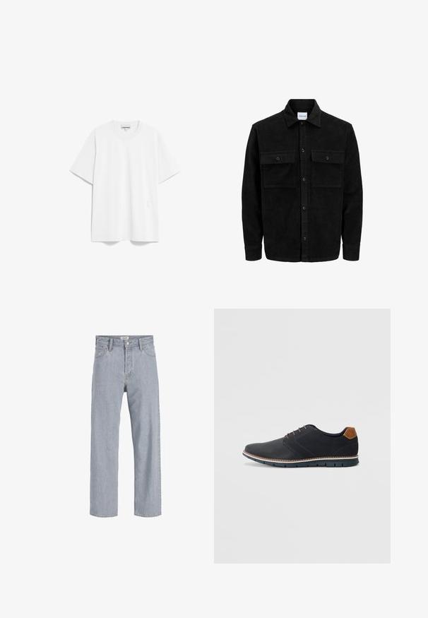 Zwarte corduroy knopenjack met twee voorste klepzakken en een klassieke kraag, lange mouwen en ribbelstructuur.; Witte katoenen t-shirt met korte mouwen, ronde hals en een subtiele logo-accent aan de onderkant van de voorkant. Soepele textuur en klassieke pasvorm.; Lichtblauwe denim jeans met een relaxed fit, rechte pijpen, zichtbare stiksels, twee voorzakken en een knoopsluiting.; Zwarte synthetische schoenen met een gestructureerde bovenkant, gladde accenten, bruine hak en een contrasterende zool. Bevat minimale veters en stikdetails.