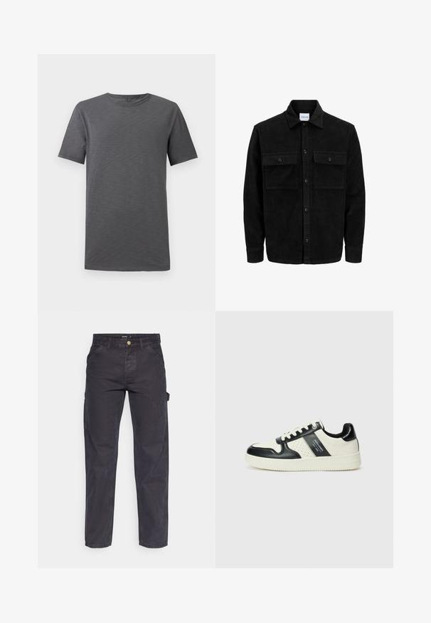 Sort fløjl button-up jakke med to frontlommer og klassisk krave, lange ærmer og ribbet tekstur.; Grå kortærmet t-shirt vist mod en hvid baggrund, med en rund halsudskæring og et simpelt, afslappet design.; Mørkegrå cargo-bukser lavet af slidstærkt stof, med lige ben, fem lommer og en knaplukning i taljen.; Lædersneakers i sort og creme farveskema, med perforerede detaljer, en polstret krave og en struktureret ydersål.