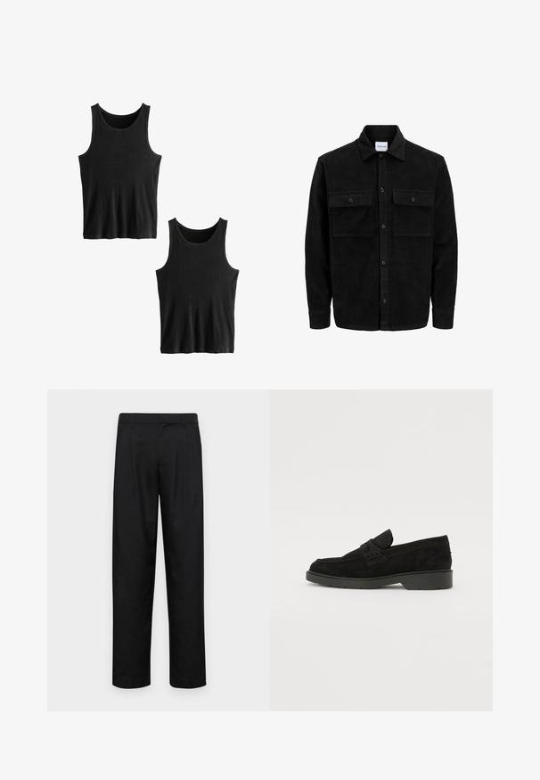Mustmustöös nupuga jope, millel on kaks eesmist klapiga taskut ja klassikaline kaelus, pikad varrukad ning ribakujuline tekstuur.; Next TWO PACK - Topp - black ribbed; Mustad mustadest riietest, millel on sirge jalgade disain, kaks eesmist voltimist ja tavaline vöökoht, millel on vöökohad.; Mustad sametist loafers madala kontsaga, millel on lihtne riba ülaservas ja tekstuuritud detailid külgedel.