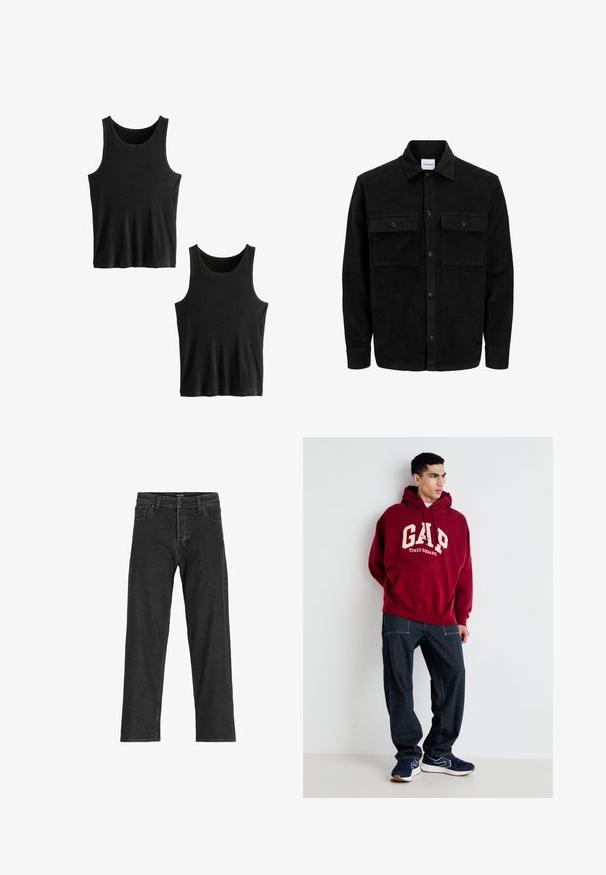 Črna kordurojska jakna z gumbi, z dvema sprednjima žepoma z zavihkom in klasičnim ovratnikom, dolgimi rokavi ter rebrasto teksturo.; Next TWO PACK - Top - black ribbed; Črne kavbojke z ravnim krojem, ki vključujejo zadrgo, paski in šest žepov, narejene iz trpežne mešanice bombaža.; Bordo kapuzenpulover z napisom "GAP" in "TIMES SQUARE" v kremni barvi, v kombinaciji s temno modrimi hlačami s črtami in temno modrimi supergami z belimi detalji.