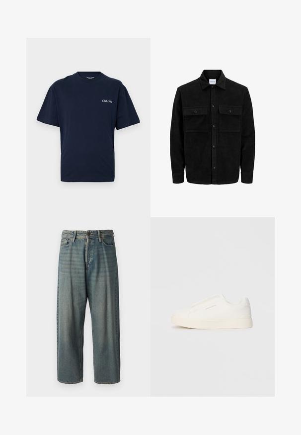 Jachetă din catifea neagră, cu butoni, două buzunare frontale cu clapetă și un guler clasic, mâneci lungi și textură ribbed.; Tricou din bumbac de culoare albastru închis, cu guler rotund și mâneci scurte. Prezintă text alb "Club1990" în zona stângă a pieptului. Design simplu.; Jeans din denim bleu deschis, cu o croială lejeră, talie medie și picioare drepte. Au cinci buzunare, bucle pentru curea și închidere cu nasture.; Tenisi albi slip-on cu o suprafață texturată, talpă groasă și un design minimalist. Prezintă logo-ul brandului pe lateral.
