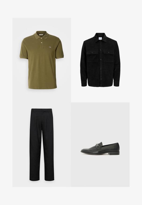 Juodas velveto mygtukų švarkas su dviem priekiniais kišenėmis su atvartais, klasikiniu apykakle, ilgomis rankovėmis ir raukšlėtu paviršiumi.; Olivinės spalvos polo marškiniai, pagaminti iš medvilnės, su trimis mygtukais, trumpomis rankovėmis ir siuvinėtu logotipu kairiajame krūtinės pusėje.; Juodi kelnių modeliai, pagaminti iš lygios medžiagos, turi tiesią kojas, du priekiniai klostės ir standartinę juosmenį su diržo kilpomis.; Juodos odinės loafer tipo bateliai su lygiu paviršiumi, turintys siuvinėtą dizainą ir dekoratyvų metalo grandinėlės akcentą ant batų viršaus. Plokščias kulnas.