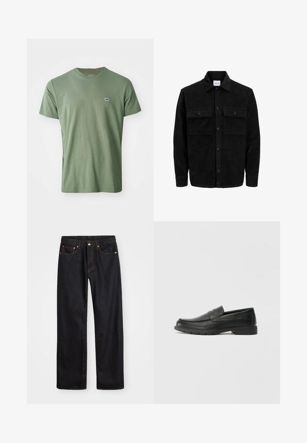 Melnas kordūru pogu jaka ar divām priekšējām atloka kabatām un klasisku apkakli, garām piedurknēm un ribotu tekstūru.; Lee PATCH LOGO TEE - Pamata T-krekls - olive stone; Vīriešu taisno kāju melnie džinsi ar piecām kabatām un oranžu izšuvumu, ar pogu un zipa aizdari priekšējā jostas daļā.; Melnas ādas loafers ar gludu apdari, mokasīnu stila augšdaļu, šūtu detalizāciju un gumijas zoli. Klasisks dizains ar zemu papēdi.