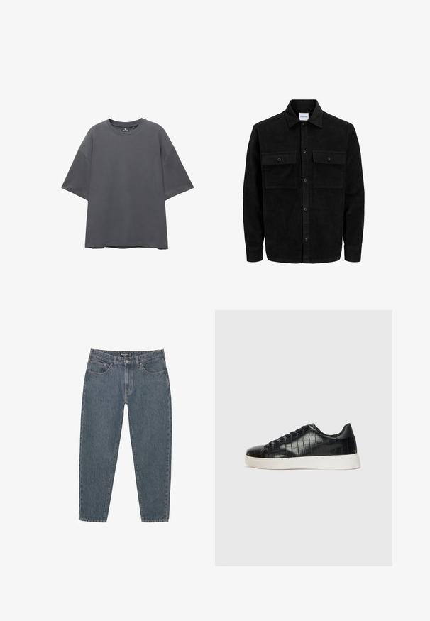 Jachetă din catifea neagră, cu butoni, două buzunare frontale cu clapetă și un guler clasic, mâneci lungi și textură ribbed.; Tricou oversized gri, cu mâneci scurte, decolteu rotund, dintr-un amestec de bumbac, textură netedă, design minimalist fără modele sau accente.; Jeans din denim albastru închis cu o croială lejeră, design cu cinci buzunare, închidere cu buton și tiv ușor desfăcut. Material durabil cu o textură subtilă.; Tenisi negri cu un exterior din piele texturată imitată crocodil, vârf rotund și o talpă din cauciuc alb contrastant, cu un finisaj neted.