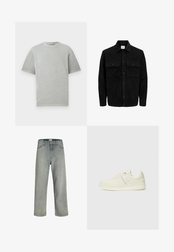 Črna kordurojska jakna z gumbi, z dvema sprednjima žepoma z zavihkom in klasičnim ovratnikom, dolgimi rokavi ter rebrasto teksturo.; Svetlo siva majica s kratkimi rokavi in okroglim izrezom, prikazana na enobarvni beli podlagi.; Svetlo sivi, široki traperice iz denima. Ima klasični dizajn s pet džepova, petlje za remen i ravno krojenje.; Sneaker v kremni barvi s perforiranim detajlom, vezalkami in logotipom na strani, prikazan na enostavni beli ozadju.