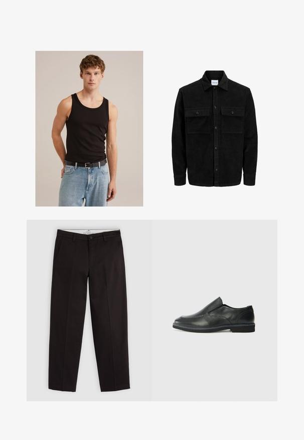 Jachetă din catifea neagră, cu butoni, două buzunare frontale cu clapetă și un guler clasic, mâneci lungi și textură ribbed.; Top negru fără mâneci, fabricat din bumbac; design ajustat cu decolteu rotund; asortat cu blugi de denim albaștri deschiși și o curea neagră.; Chino negri cu picioare drepte, cu bucle pentru curea, închidere cu nasture și buzunare laterale, expuși pe un fundal gri deschis.; Pantof de piele neagră, tip slip-on, cu un superior neted, accente cusute, vârf rotunjit și un toc jos din cauciuc. Talpa are un profil minim de aderență.