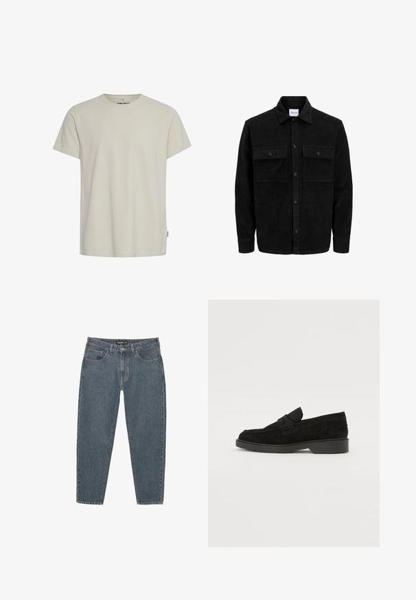 Mustat corduroy-nappi takki, jossa on kaksi etupistotaskua ja klassinen kaulus, pitkät hihat ja ribattu pinta.; Vaaleanbeige puuvillainen t-paita, jossa on pyöreä kaula-aukko ja lyhyet hihat. Rinnassa on pieni logo ja suora helma. Sileä rakenne.; Tummansiniset farkut rentoa istuvuutta, viisi-taskista muotoilua, napitus ja hieman kuluneet lahkeensuukkeet. Kestävä materiaali, jossa on hienovarainen tekstuuri.; Musta mokkasiinipohja, jossa on matala korko, ja jonka päällä on yksinkertainen nauha sekä teksturoitu yksityiskohta sivuilla.