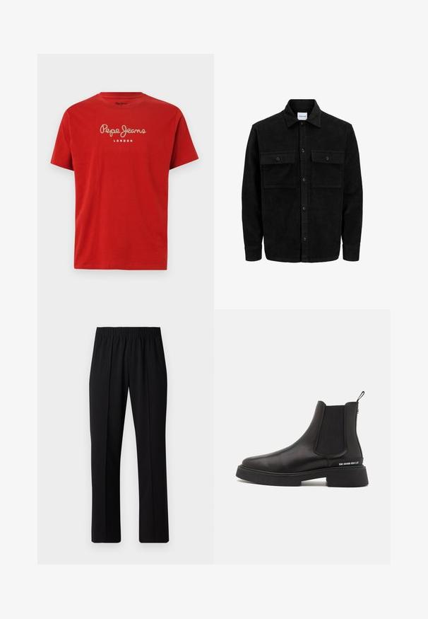 Svart kordfløyels knappjakke med to frontlommer med klaff og klassisk krage, lange ermer og ribbet tekstur.; Rød bomull T-skjorte med korte ermer. Har "Pepe Jeans" logo i kursiv og "LONDON" trykket under i hvitt. Klassisk rund hals.; Svart, elastisk midjebukser med rett ben-design, med en glatt tekstur og uten synlige mønstre eller maskinvare.; Steve Madden ZHANE - Støvletter - black