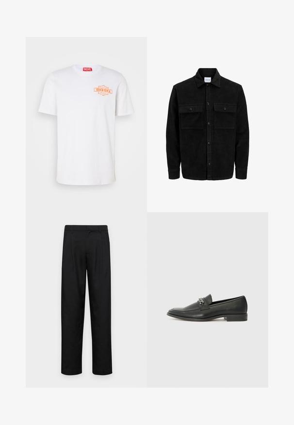 Mustmustöös nupuga jope, millel on kaks eesmist klapiga taskut ja klassikaline kaelus, pikad varrukad ning ribakujuline tekstuur.; Valge puuvillane T-särk, millel on ümmargune kaelus, lühikesed varrukad ja vasakul rinnal oranž Diesel'i logotäpp. Sile tekstuur.; Mustad mustadest riietest, millel on sirge jalgade disain, kaks eesmist voltimist ja tavaline vöökoht, millel on vöökohad.; Must haveate nahkking punased, millel on sile viimistlus, tikitud muster ja dekoratiivne metallkett vampi üle. Tasane konts.