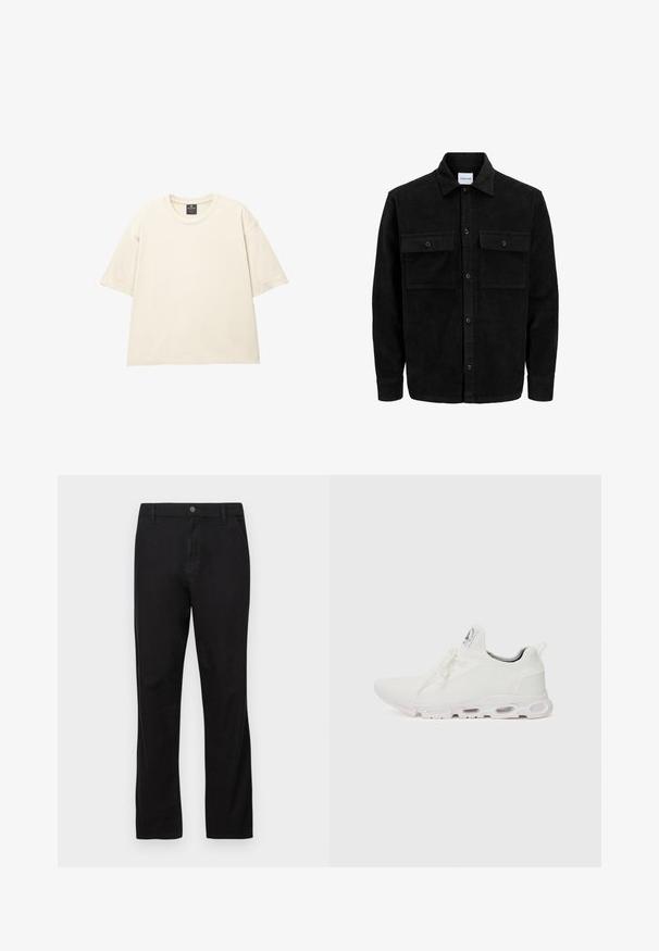 Giacca in corduroy nera con bottoni, due tasche anteriori con patta, colletto classico, maniche lunghe e texture a coste.; T-shirt beige oversize realizzato in cotone morbido, con colletto a giro, maniche corte e cuciture semplici e pulite. Nessun motivo o grafica.; Pantaloni neri in cotone con design a gamba dritta, dotati di chiusura a bottone, tasche frontali e posteriori, e texture liscia.; Scarpe atletiche bianche con tomaia in maglia testurizzata, lacci piatti e una suola ammortizzata con camere d'aria visibili per un supporto aggiuntivo.