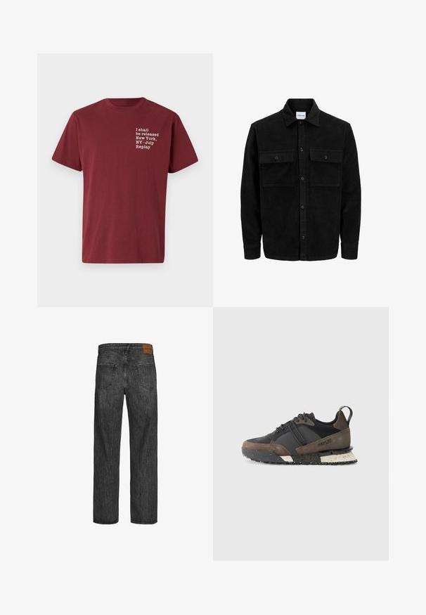 Černá kordurová košile s knoflíky, dvěma předními klopovými kapsami a klasickým límcem, dlouhými rukávy a vroubkovanou texturou.; Maročná bavlnená tričko s kulatým výstrihom, krátkými rukávy a bílým textem: "Budu propuštěn New York, NY - červenec Replay" na hrudi.; Černé džíny z denimu s rovnými nohavicemi, pět kapes, a hnědá kožená nášivka na pásku. Texturovaná látka s detaily šití.; Replay FIELD JUPITER CRAFT - Tenisky - black/dark grey