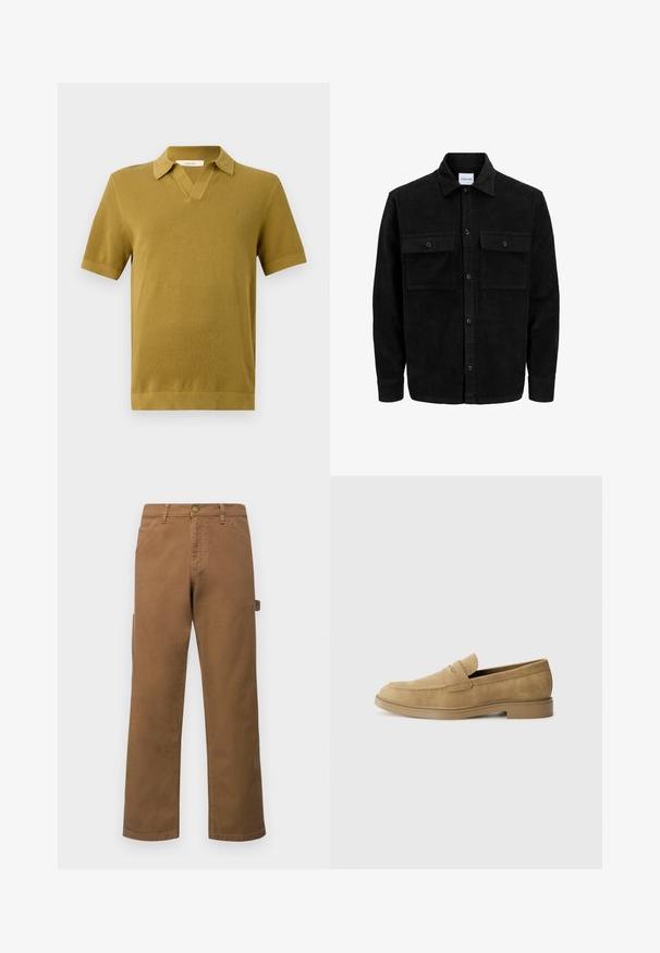 Svart kordfløyels knappjakke med to frontlommer med klaff og klassisk krage, lange ermer og ribbet tekstur.; Kortermet polo-skjorte i sennepsgul, med teksturert strikk, V-hals og ribbekanter ved ermer og nederkant.; Brune bomulls cargobukser med rette ben, med sidelommer og metallknapp-lukking i midjen. Glatt tekstur og uformelt design.; Brune mokkasiner i suede med rund tå, lav blokk hæl og sydd detaljer på overdelen. Glatt tekstur og minimalistisk design.