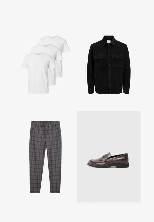 Črna kordurojska jakna z gumbi, z dvema sprednjima žepoma z zavihkom in klasičnim ovratnikom, dolgimi rokavi ter rebrasto teksturo.; Bele majice iz bombaža v kroju s kratkimi rokavi in standardnim krojem. Tri majice so razporejene v vrsti.; Sive karo jeansa z elastičnim pasom in vrvico. Material se zdi mehak, z diskretno teksturo in kontrastnimi črnimi linijami v vzorcu.; Rjavi usnjeni loaferji z gladko površino, ki imajo subtilne kvačkane detajle na zgornjem delu in črno gumijasto podplato.