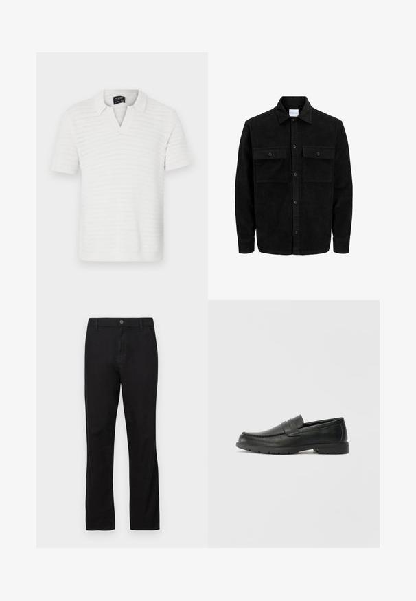 Juodas velveto mygtukų švarkas su dviem priekiniais kišenėmis su atvartais, klasikiniu apykakle, ilgomis rankovėmis ir raukšlėtu paviršiumi.; Balta trumpa rankovėmis polo marškinėliai, turintys tekstūruotą dryžuotą raštą ir apykaklę su V formos iškirpte. Lengvas audinys su subtiliu blizgesiu.; Juodos medvilnės kelnės su tiesiu kirpimu, su mygtuko uždarymu, priekinėmis ir užpakalinėmis kišenėmis bei lygaus paviršiaus.; Juodai odiniai loaferiai su sklandžiu paviršiumi, mokasino stiliaus viršus, siuvinėjimu ir guminėmis padangomis. Klasikinis dizainas su žemu kulnu.