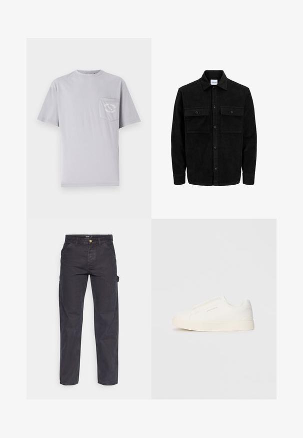 Svart kordflodjacka med knappar, två framfickor med klaff och klassisk krage, långa ärmar och ribbad textur.; Grå bomullströja med rund halsringning, korta ärmar och en vänster bröstficka med broderade textdetaljer.; Mörkgrå cargobyxor i slitstark tyg, med rak benform, fem fickor och knappstängning i midjan.; Vita slip-on sneakers med en texturerad yta, en tjock sula och minimalistisk design. Har varumärkeslogotypen på sidan.
