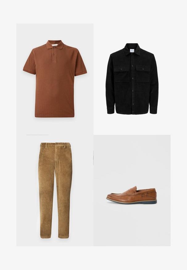 Črna kordurojska jakna z gumbi, z dvema sprednjima žepoma z zavihkom in klasičnim ovratnikom, dolgimi rokavi ter rebrasto teksturo.; Rjav rebrast polo majica s klasičnim ovratnikom, dvobojnimi gumbi in kratkimi rokavi. Narejena iz mehke tkanine z teksturiranim zaključkom.; Rjave žametne hlače z vertikalno rebrasto teksturo, ravno krojene, s buttonsko zapiranje in zankami za pas. Gladka tkanina zmehkimi zaključki.; Rjavi usnjeni loafers s okroglo konico, šivi na površini in nizkim gumijastim podplatom. Oblikovanje vključuje pas čez zgornji del.