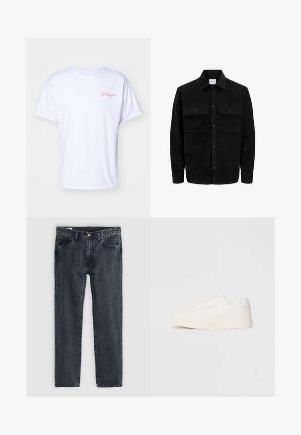 Juodas velveto mygtukų švarkas su dviem priekiniais kišenėmis su atvartais, klasikiniu apykakle, ilgomis rankovėmis ir raukšlėtu paviršiumi.; Levi's® VINTAGE FIT GRAPHIC - Marškinėliai su spaudiniu - white; Tamsiai mėlynos džinsinės kelnės su tiesioginiu kirpimu, penkiais kišenėmis ir mygtukų uždarymu. Audinys rodo subtilų išblukimą ir tekstūrą.; Baltos slip-on sportbačiai su tekstūruota paviršiumi, storesniu padu ir minimalistišku dizainu. Šone matosi prekės ženklo logotipas.