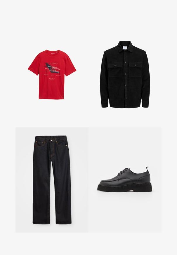 Jachetă din catifea neagră, cu butoni, două buzunare frontale cu clapetă și un guler clasic, mâneci lungi și textură ribbed.; Tricou din bumbac roșu, cu mâneci scurte, guler rotund și imprimeu grafic care prezintă text și un design cu pasăre în alb și negru.; Jeans negri din denim pentru bărbați, cu croială dreaptă, cinci buzunare și cusături portocalii, închidere cu nasture și fermoar pe talie.; Pantofii din piele neagră, cu șireturi, au vârful rotunjit, talpa groasă neagră și cusături decorative de-a lungul marginii. Textură netedă.