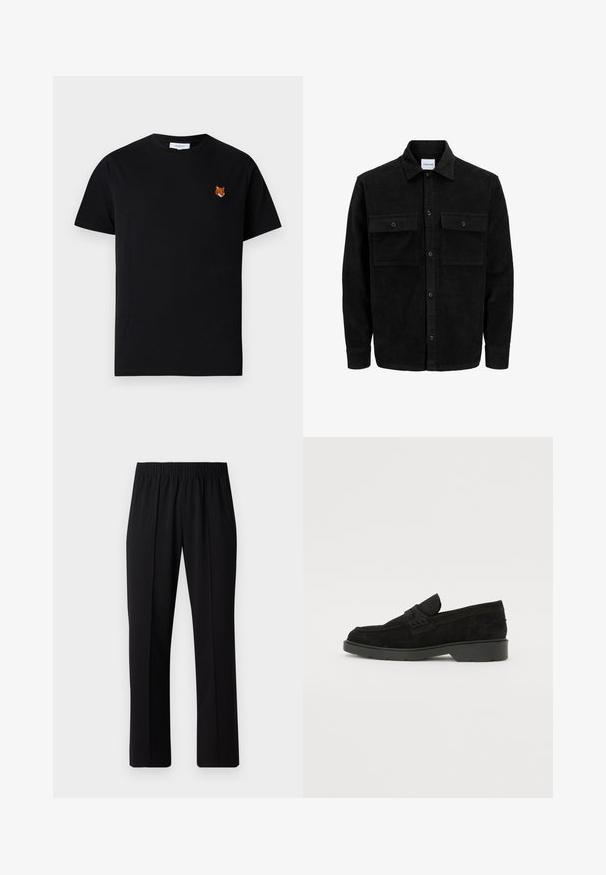 Čierna kordúrová bunda s gombíkmi, dvoma prednými vreckami so záklopkou a klasickým golierom, dlhými rukávmi a ryhovanou textúrou.; Čierne bavlnené tričko s malou vyšitou hlavičkou líšky na ľavej hrudi, krátkymi rukávmi a klasickým okrúhlym výstrihom.; Čierne nohavice s elastickým pásom a rovnými nohavicami, majú hladkú textúru a žiadne viditeľné vzory ani kovové doplnky.; Čierne semišové mokasíny s nízkym podpätkom, s jednoduchým pásom naprieč hornou časťou a textúrovanými detailmi po stranách.