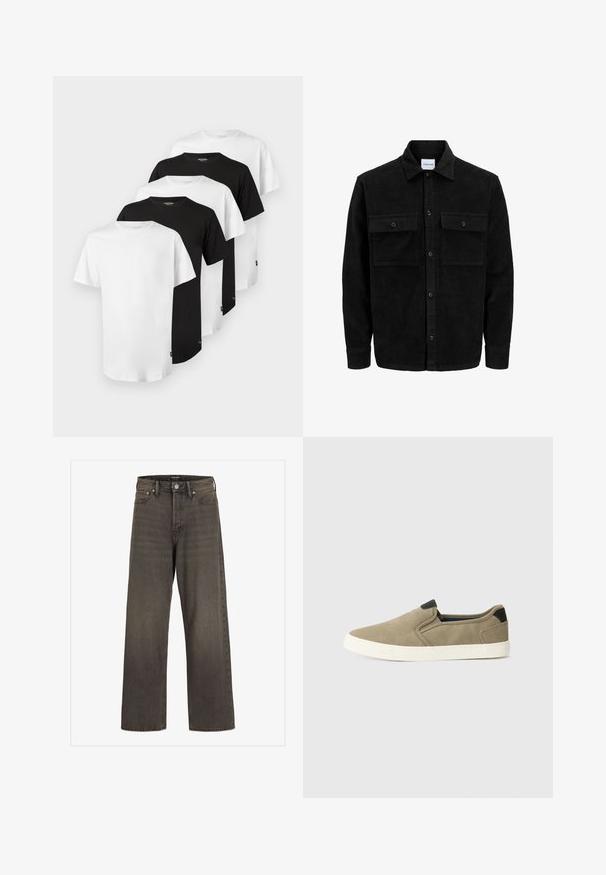 Crni kožni kord jakna na dugmad s dva prednja džepa s preklopom i klasičnim ovratnikom, dugim rukavima i rebrastom teksturom.; Set od pet majica: tri bijele i dvije crne. Klasičan dizajn s okruglim izrezom, kratki rukavi, pamučna tkanina, glatka tekstura, standardna prilagodba.; Široke traperice u tamnosivom denimu, s visokim strukom, klasičnim dizajnom s pet džepova i kontrastnim šavovima duž šavova.; Taupe slip-on cipele s teksturiranim gornjim dijelom, kontrastnim crnim akcentom na peti i bijelim gumenim potplatom. Perforirani dizajn za prozračnost.