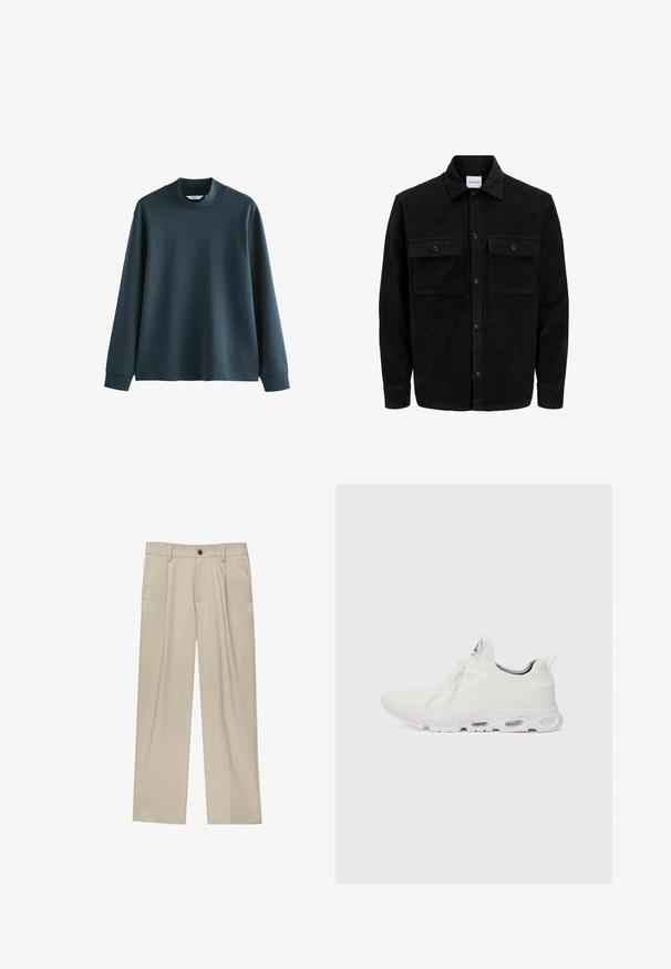 Svart kordflodjacka med knappar, två framfickor med klaff och klassisk krage, långa ärmar och ribbad textur.; Mörkblå långärmad sweatshirt med hög krage, tillverkad av ett slätt tyg. Har nedhasade axlar och ribbade muddar. Enkel design utan mönster.; Beiga byxor med rak passform, utrustade med en enda svart knapp, bältesöglor och sidofickor. Slät tygkänsla och minimalistisk design.; Vitaidande sportskor i vitt med en texturerad stickad ovandel, platta snören och en vadderad sula med synliga luftkammare för extra stöd.