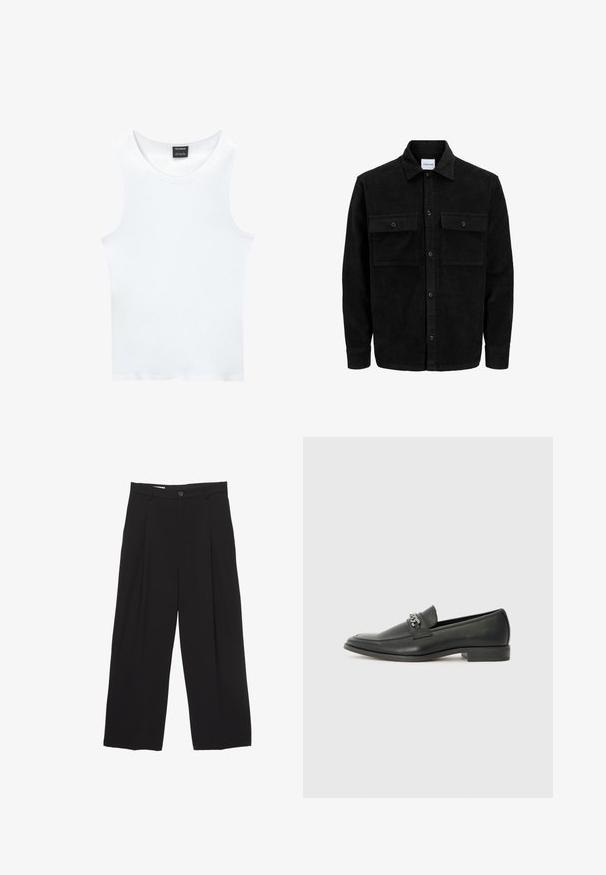 Svart kordflodjacka med knappar, två framfickor med klaff och klassisk krage, långa ärmar och ribbad textur.; Vit ärmlös linne tillverkat av ribbat bomull. Har en rundad halsringning och en mjuk textur. Etiketten läser "PULL&BEAR."; Svarta vida byxor tillverkade av mjukt tyg, med platt midjeband, framfåll och en enkel knappstängning.; Svart läderloafers med en slät yta, med en sydd design och en dekorativ metallkedjeaccent över västen. Platt häldesign.