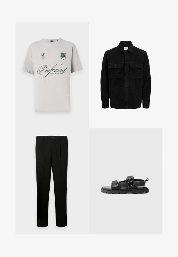 Giacca in corduroy nera con bottoni, due tasche anteriori con patta, colletto classico, maniche lunghe e texture a coste.; Maglietta in cotone grigio chiaro con maniche corte, caratterizzata dal testo "Profound" in verde scuro, un logo a scudo e toppe decorative.; Pantaloni neri su misura con fronte piatto, due pieghe, chiusura con bottone, tasche laterali e taglio dritto. Realizzati in un tessuto morbido.; Sandali neri con una tomaia in tessuto testurizzato, fasce larghe, accentuazioni in metallo e una suola spessa in gomma con un motivo a rilievo.