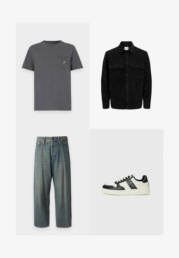 Sort fløjl button-up jakke med to frontlommer og klassisk krave, lange ærmer og ribbet tekstur.; Grå bomulds T-shirt med korte ærmer, rund hals og en lomme med et lille guld logo på venstre side. Glat stofstruktur.; Lyseblå denim jeans med løs pasform, mellemhøj talje og lige ben. Har fem lommer, bæltestropper og en knappelukning.; Lædersneakers i sort og creme farveskema, med perforerede detaljer, en polstret krave og en struktureret ydersål.