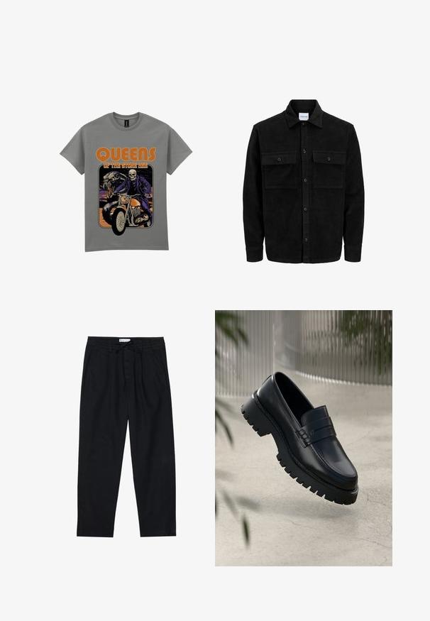 Chaqueta de pana negra con botones, dos bolsillos delanteros con solapa y un cuello clásico, mangas largas y textura acanalada.; Esqueleto montado en una motocicleta naranja con una serpiente grande detrás, texto "Queens of the Stone Age" en letras naranjas en negrita arriba.; Pier One Pantalones chinos - black; Mocasines de cuero negro con suela gruesa, que presentan una correa decorativa y detalles de costura. Textura suave con un acabado pulido.