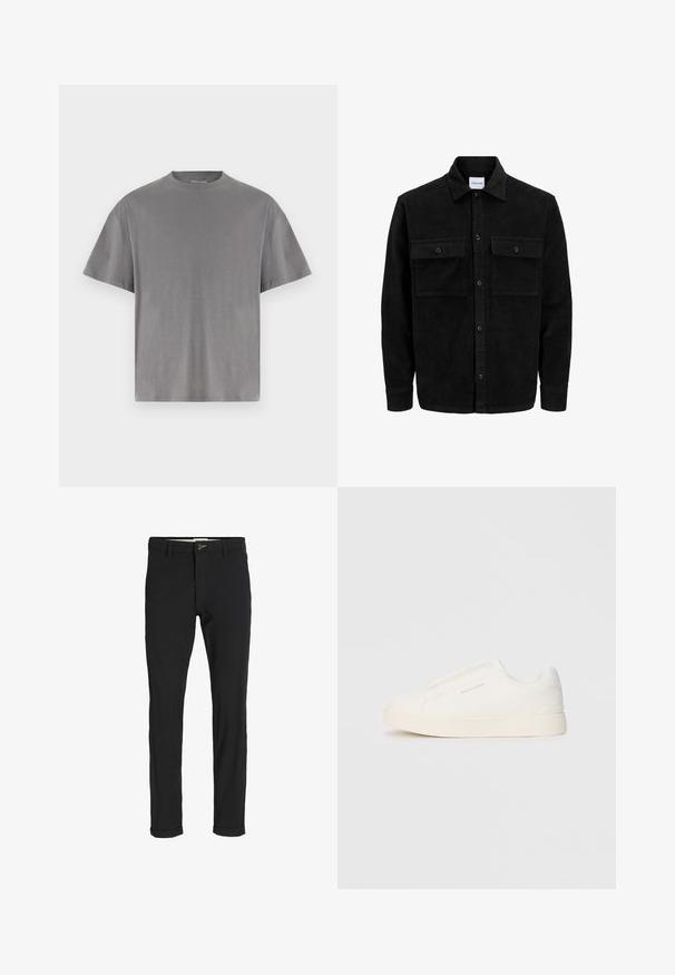 Sort fløjl button-up jakke med to frontlommer og klassisk krave, lange ærmer og ribbet tekstur.; Grå bomulds t-shirt med rund halsudskæring, korte ærmer og en løs pasform. Glat tekstur, ingen synlige mønstre eller detaljer.; Sorte bomuldsblandede bukser med slim fit, der har en knaplukning, lommer og opbrugte stumper for et afslappet udtryk.; Hvide slip-on sneakers med en struktureret overflade, en tyk sål og et minimalistisk design. Har brandlogoet på siden.