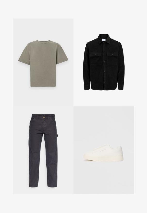 Mustmustöös nupuga jope, millel on kaks eesmist klapiga taskut ja klassikaline kaelus, pikad varrukad ning ribakujuline tekstuur.; Lühikeste varrukatega ümar kaelusega T-särk tuhmrohelises toonis. Valmistatud pehmest puuvillast, millel on sile tekstuur ja puhtad ääred. Ilma nähtavate logode või mustriteta.; Tumehallid cargo-püksid, mis on valmistatud vastupidavast kangast, sirge lõikega, viie tasku ja nupuga kinnitusega vööl.; Valged libisemiskindlad tossud tekstuuriga pinnaga, paksu tallaga ja minimalistikus disainis. Küljel on brändi logo.