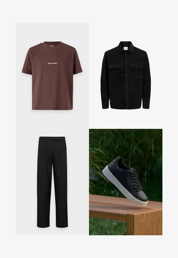 Čierna kordúrová bunda s gombíkmi, dvoma prednými vreckami so záklopkou a klasickým golierom, dlhými rukávmi a ryhovanou textúrou.; Hnedé bavlnené tričko s okrúhlym výstrihom. Má krátke rukávy a centrálne vyšívaný nápis "Original Studio" v bielej farbe.; Čierne nohavice vyrobené z hladkej tkaniny, s rovnými nohavicami, dvoma prednými skladmi a štandardným pásom s pútkami na opasok.; Čierne kožené tenisky s hladkým povrchom, biela gumená podrážka a šesť dierok na šnúrky, vystavené na drevenom povrchu.