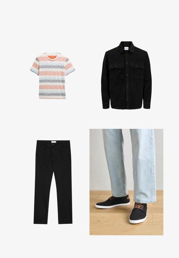 Sort fløjl button-up jakke med to frontlommer og klassisk krave, lange ærmer og ribbet tekstur.; Stribet t-shirt i bomuld med brede vandrette striber i orange, blå, grå og hvid. Den har en rund hals og korte ærmer.; Sorte lige ben jeans med fem-lomme design, knap- og lynlåslukning samt et Pier One mærkeetiket på taljen.; Sort canvas sneakers med brune detaljer, hvide gummisåler og brune snørebånd, parret med lyseblå lige ben jeans. Trægulv i baggrunden.