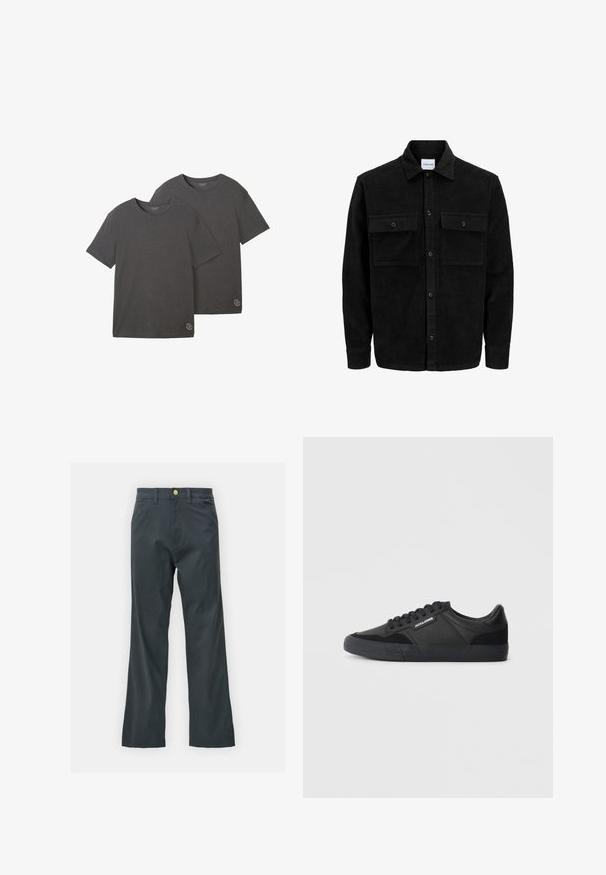Černá kordurová košile s knoflíky, dvěma předními klopovými kapsami a klasickým límcem, dlouhými rukávy a vroubkovanou texturou.; Dvoje triček s krátkým rukávem v antracitově šedé barvě, vyrobených z měkké směsi bavlny, s kulatým výstřihem a malým logem na lemu.; Černé kalhoty s rovnými nohavicemi, vyrobené z bavlněné směsi. Mají kovové zapínání a boční kapsy. Bez viditelných vzorů.; Černé tenisky s kombinací kožených a semišových materiálů, kulaté tkaničky, strukturovaná gumová podrážka a logo značky na boku.
