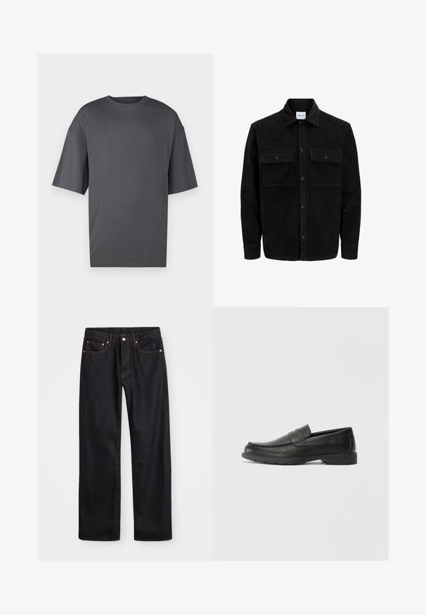 Sort fløjl button-up jakke med to frontlommer og klassisk krave, lange ærmer og ribbet tekstur.; Overdimensioneret mørkegrå T-shirt lavet af blød bomuld, med en klassisk rund hals, korte ærmer og en simpel, glat tekstur.; Mænds lige ben sorte denim jeans med fem lommer og orange syninger, knap- og lynlåslukning foran på taljen.; Sorte læderslippers med en glat finish, mokkasin-stil overdel, syninger og gummisål. Klassisk design med en lav hæl.