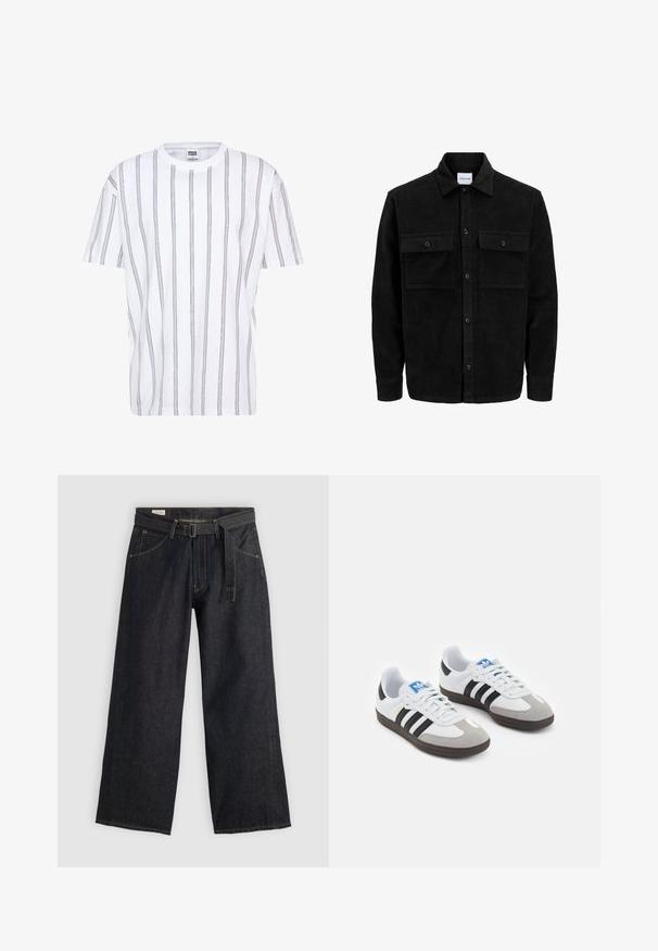 Sort fløjl button-up jakke med to frontlommer og klassisk krave, lange ærmer og ribbet tekstur.; Hvid t-shirt med korte ærmer, der har lodrette multicolor striber. Rund halsudskæring og løs pasform, lavet af bomuldsstof.; Mørk denim bukser med brede ben og bælte i taljen, som har forlommer og kontrastsytråd. Glat tekstur med et rent design.; Sportsko med en overdel i hvid læder, grå ruskind på tåen og tre sorte striber. Har et blåt logo på tungen og en struktureret gummisål.