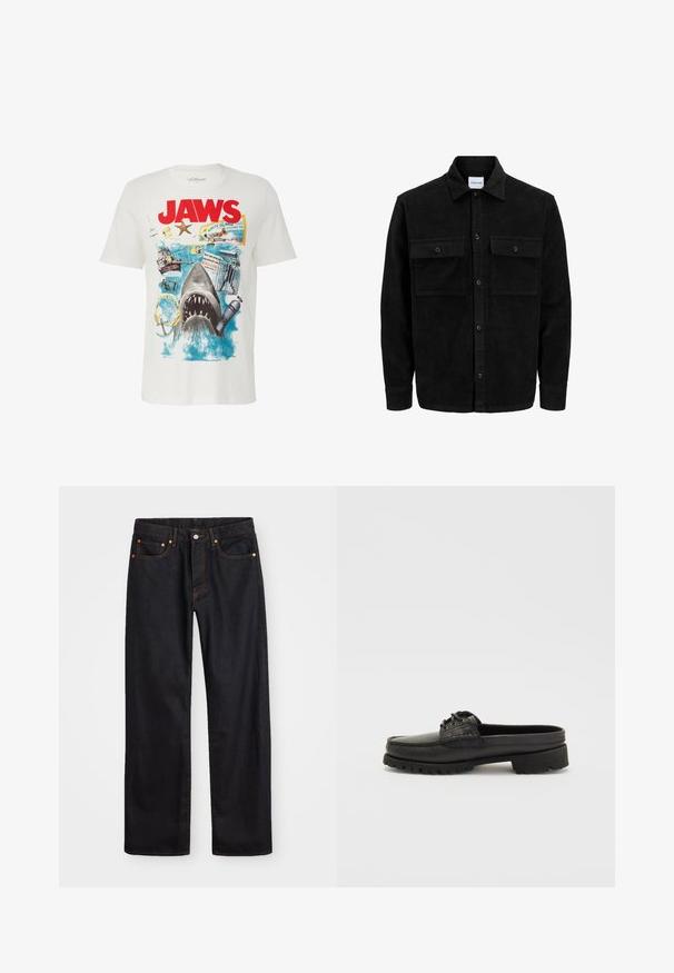 Čierna kordúrová bunda s gombíkmi, dvoma prednými vreckami so záklopkou a klasickým golierom, dlhými rukávmi a ryhovanou textúrou.; Biela bavlnená tričko s grafickým dizajnom žraloka a plážovými prvkami. Text "JAWS" v tučnom červenom písme, s farebnými obrázkami a akcentmi.; Pánske rovné čierne riflové nohavice s piatimi vreckami a oranžovým prešívaním, s gombíkom a zipsom na prednom páse.; Čierne kožené poltopánky bez viazania s detailom šnúrky, zaoblenou špičkou a textúrovanou podrážkou. Majú mierne zvýšený opätok a hladký povrch.