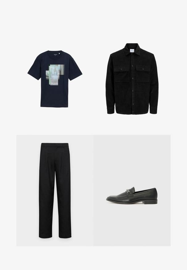 Mustmustöös nupuga jope, millel on kaks eesmist klapiga taskut ja klassikaline kaelus, pikad varrukad ning ribakujuline tekstuur.; Tumedat sinine puuvillane T-särk, millel on kihiline graafiline disain tekstiga "PRESS >>> PLAY" ja brändi nimi "TOM TAILOR" valgekirja. Lühikesed varrukad.; Mustad mustadest riietest, millel on sirge jalgade disain, kaks eesmist voltimist ja tavaline vöökoht, millel on vöökohad.; Must haveate nahkking punased, millel on sile viimistlus, tikitud muster ja dekoratiivne metallkett vampi üle. Tasane konts.