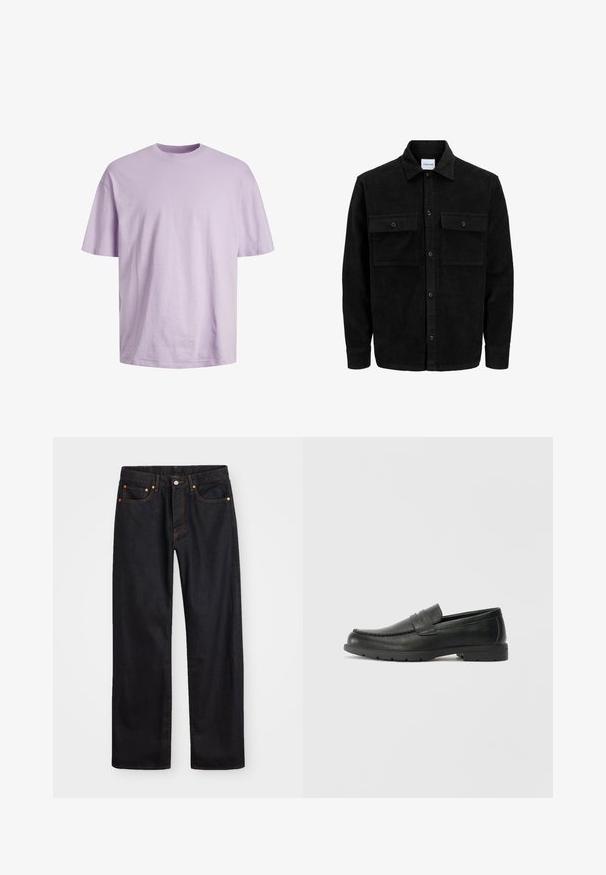 Melnas kordūru pogu jaka ar divām priekšējām atloka kabatām un klasisku apkakli, garām piedurknēm un ribotu tekstūru.; Jack & Jones JJEBRADLEY TEE SS O-NECK - Pamata T-krekls - purple rose; Vīriešu taisno kāju melnie džinsi ar piecām kabatām un oranžu izšuvumu, ar pogu un zipa aizdari priekšējā jostas daļā.; Melnas ādas loafers ar gludu apdari, mokasīnu stila augšdaļu, šūtu detalizāciju un gumijas zoli. Klasisks dizains ar zemu papēdi.