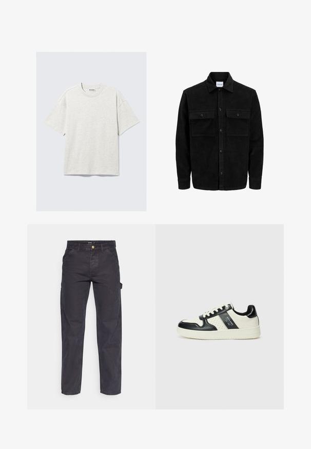 Jachetă din catifea neagră, cu butoni, două buzunare frontale cu clapetă și un guler clasic, mâneci lungi și textură ribbed.; Tricou scurt, de culoare gri deschis, confecționat din material jersey. Are un guler tip crew neck, o croială lejeră și o textură subtilă. Eticheta indică "WEEKDAY."; Pantaloni cargo gri închis, confecționați dintr-un material durabil, cu croială dreaptă, cinci buzunare și închidere cu nasture la talie.; Tenisi din piele cu un scheme de culori negru și crem, dotati cu accente perforate, guler căptușit și o talpă texturată.