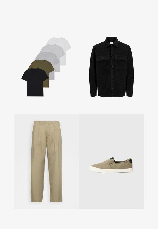 Melnas kordūru pogu jaka ar divām priekšējām atloka kabatām un klasisku apkakli, garām piedurknēm un ribotu tekstūru.; Pieci konkurējošie t-krekli ar apaļu kakla izgriezumu melnā, olīvu zaļā, gaiši pelēkā, tumši pelēkā un baltā krāsā. Izgatavoti no mīkstas auduma ar īsām piedurknēm un brīvu piegriezumu.; Bēša, augstās jostas bikses ar taisnu piegriezumu, ar plakanu priekšpusi, sānu kabatām un gludu, teksturētu audumu.; Taupe krāsas slip-on apavi ar teksturētu auduma virsu, kontrastējošu melnu papēdi un baltu gumijas zoli. Perforēta konstrukcija gaisa caurlaidībai.