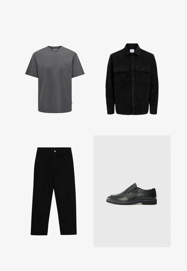 Sort fløjl button-up jakke med to frontlommer og klassisk krave, lange ærmer og ribbet tekstur.; Grå bomulds t-shirt med rund halsudskæring og korte ærmer. Har en almindelig pasform og ensartet struktur uden synlige mønstre eller accenter.; Sorte denimbukser med lige ben, fem lomme-design og knaplukning foran. Glat tekstur med minimale syninger.; Sorte læder slip-on sko med en glat overdel, syede detaljer, rund tå og en lav gummihæl. Sålen har minimal profil.